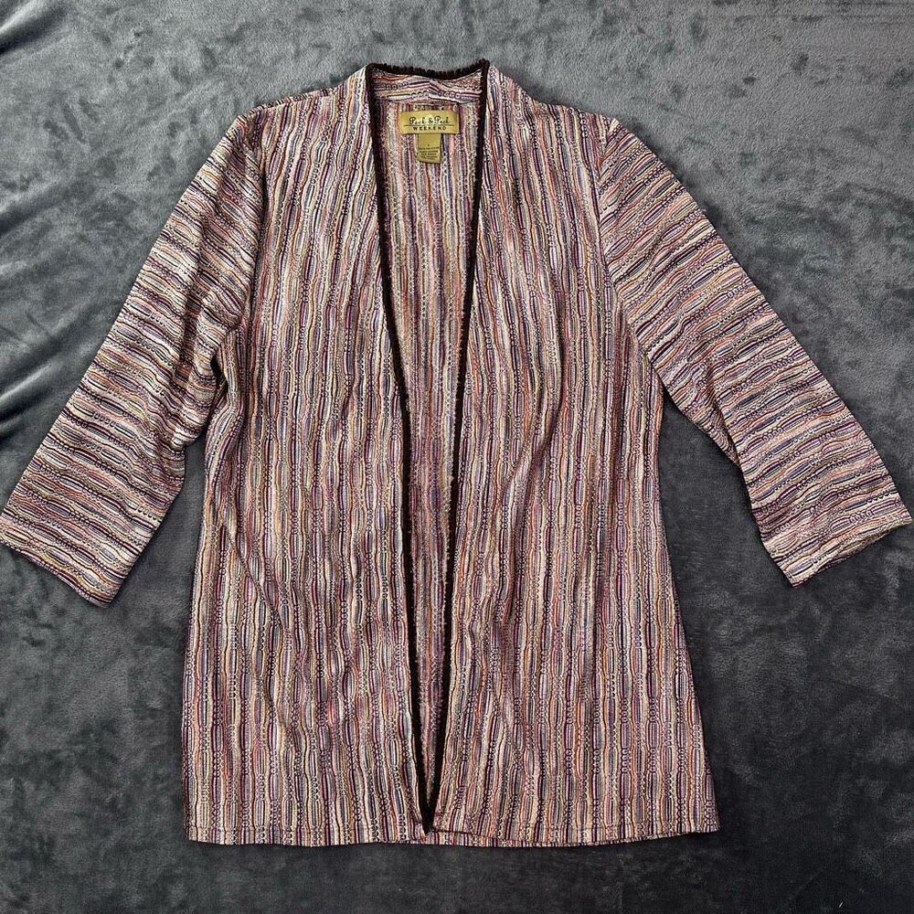 Peck & Peck Open Front Cardigan Women’s L‎ Bronze Multicolor Woven Bohemian